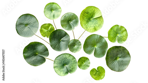 Botanical illustration, lily pads, top view, circular leaves, various sizes, shades of green, white background