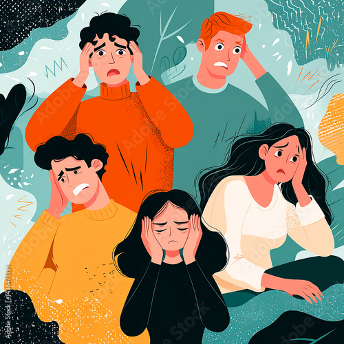 People with Anxious Expressions in Flat Illustration Style with Muted Tones Representing Stress, Overwhelm, and Mental Health Struggles