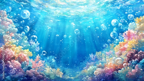 Fototapeta Naklejka Na Ścianę i Meble -  sea shell, coral reef, starfish with soft pastel colors, dreamy bubbles and floating particles, clean and wide empty space in the center for characters, watercolor