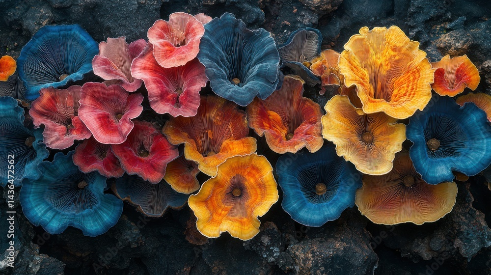 Obraz premium Colorful mushrooms blooming on dark volcanic rock, fantasy nature scene, artwork