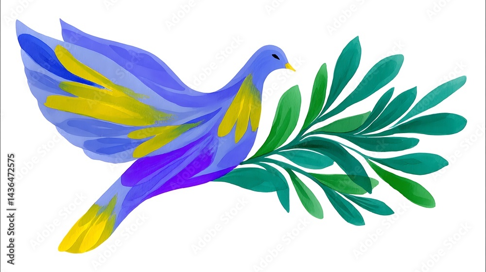 Obraz premium A vibrant blue dove in flight, carrying an olive branch, symbolizing peace and hope