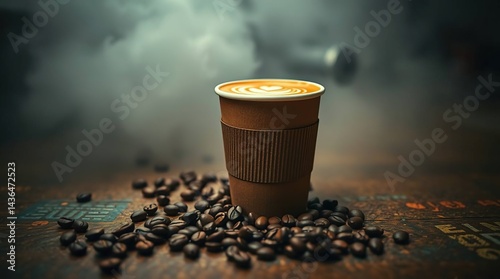 A takeaway coffee cup with latte art, surrounded by coffee beans
