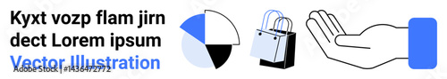 Pie chart segment division, shopping bags with handles, open hand gesture. Ideal for e-commerce, marketing, financial reports, online shopping, business growth, charity support flat landing page