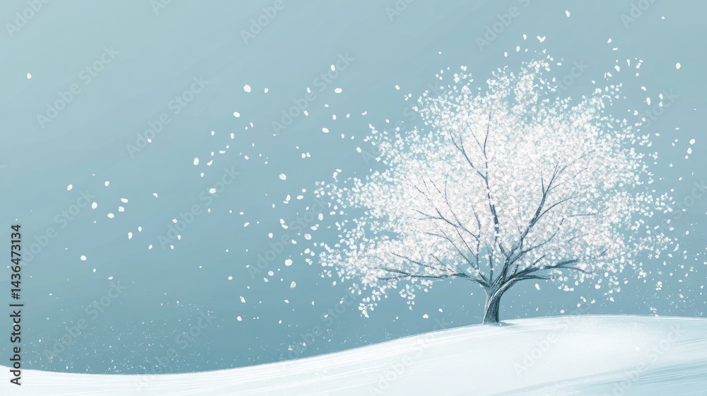 Gentle snowfall blankets a solitary winter tree. Gentle snowfall blankets a solitary winter tree.
