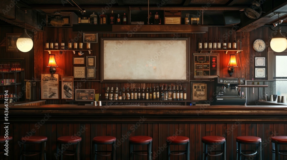 A blank picture frame hanging on the old textured wooden wall in a cosy old english or irish pub