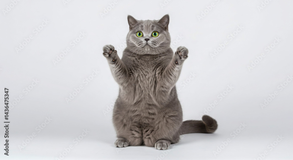 Good veterinary concept. Gray cat sitting with paws raised against a white background Good veterinary concept. Gray cat sitting with paws raised against a white background