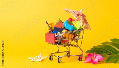 Summer shopping theme, shopping trolley fill in summer tropical vacation accessories