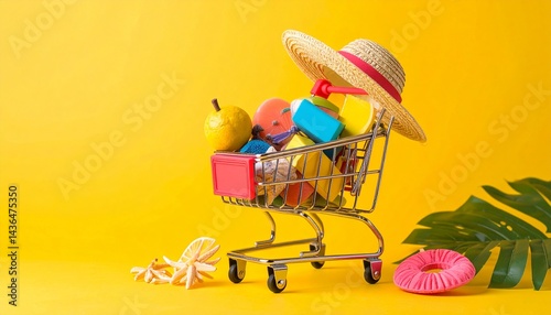 Summer shopping theme, shopping trolley fill in summer tropical vacation accessories