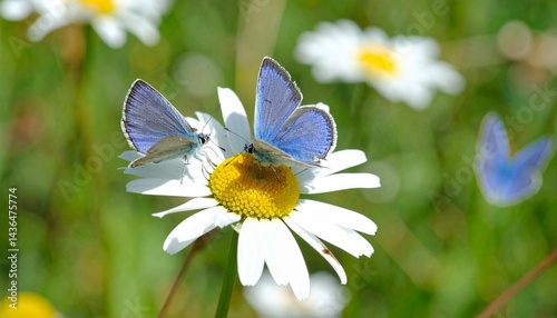 butterflies on chamomile flower in the garden 
