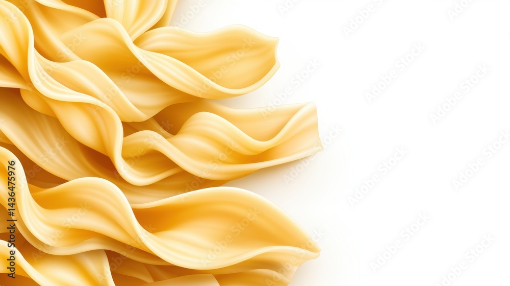 Obraz premium Close-up of uncooked pasta, showing its texture and shape against a white background. The pasta is arranged in a flowing, elegant pattern