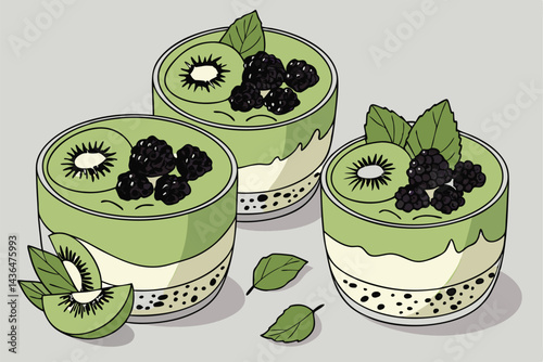 42 Vibrant green smoothie bowls, glass cups, kiwi slices, blackberries, mint leaves, chia seeds, layered dessert, healthy breakfast, fresh fruit, nutritious snack, close-up photography, bright natural