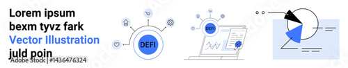 DEFI at the center of a blockchain network, laptop displaying data analytics, pie chart illustration. Ideal for technology, finance, investment, blockchain, crypto, infographic simple landing page