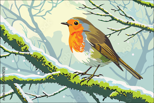 43 European robin, orange breast, yellow flower petals on head, perched on frosty branch, moss-covered twig, misty background, high detail, vibrant colors, macro photography, wildlife portrait, crisp 