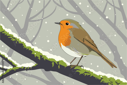 43 European robin, orange breast, yellow flower petals on head, perched on frosty branch, moss-covered twig, misty background, high detail, vibrant colors, macro photography, wildlife portrait, crisp 