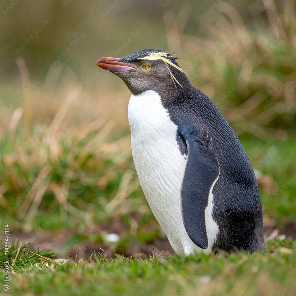 Naklejka premium Yellow eyed penguin, at grass field 