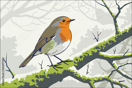 43 European robin, orange breast, yellow flower petals on head, perched on frosty branch, moss-covered twig, misty background, high detail, vibrant colors, macro photography, wildlife portrait, crisp 