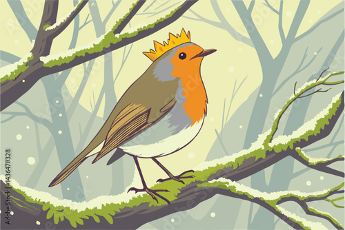 43 European robin, orange breast, yellow flower petals on head, perched on frosty branch, moss-covered twig, misty background, high detail, vibrant colors, macro photography, wildlife portrait, crisp 