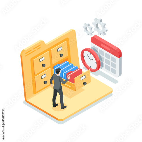 Isometric vector business man near open folder with archive and calendar, in color on white background, working with data or storing documentation