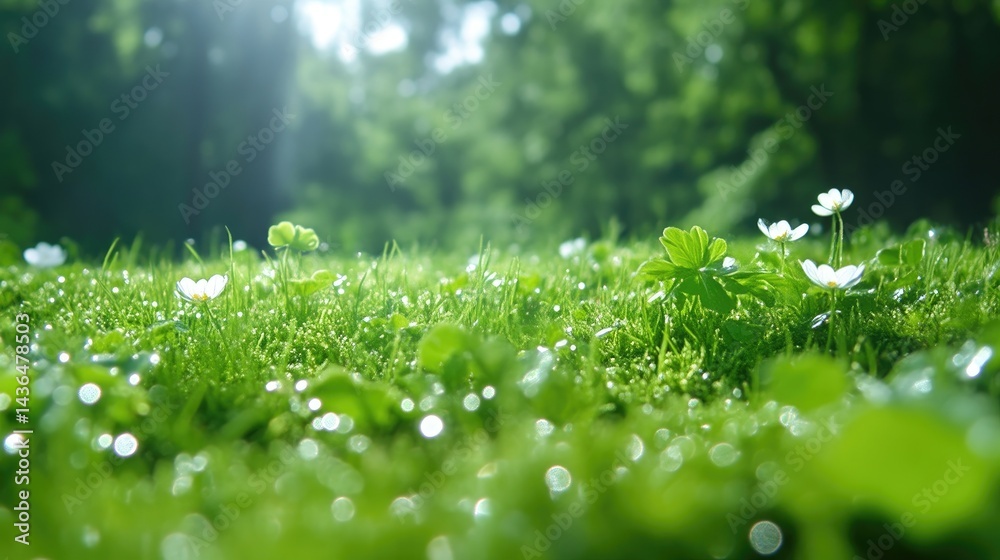 Lush green grass with tiny white flowers. Sunlight filters through trees Lush green grass with tiny white flowers. Sunlight filters through trees