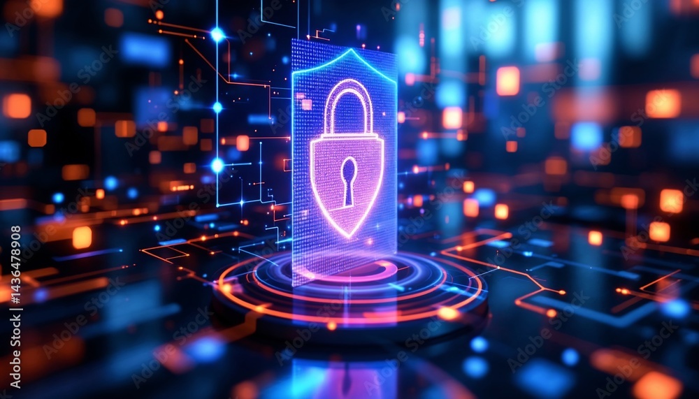 Fototapeta premium Cybersecurity Shield: A glowing digital padlock, symbolising robust data protection, is displayed on a futuristic technological background. 