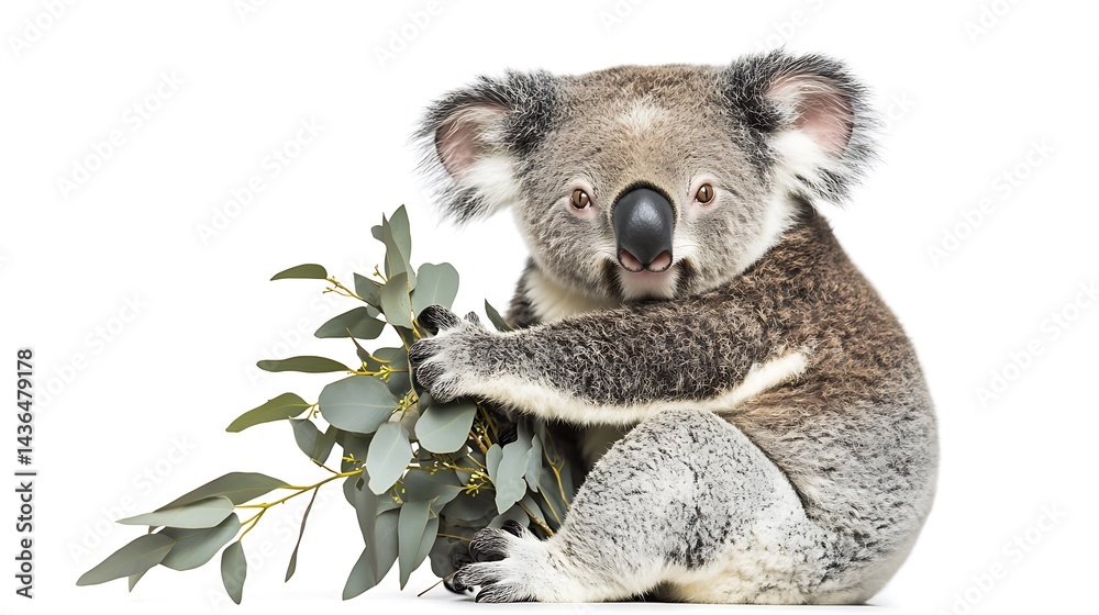 Obraz premium A koala bear holding eucalyptus leaves on a white background view