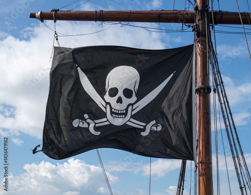 Una dramática fotografía de una bandera pirata destrozada ondeando desafiante contra un cielo tormentoso de fondo. La imagen simboliza el peligro, la rebeldía y el espíritu rebelde de la vida pirata. 