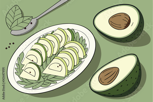44 Avocado halves, sliced avocado in egg-shaped dish, whole avocados, green background, symmetrical composition, fresh produce, healthy ingredients, food photography, high-resolution, macro details, v