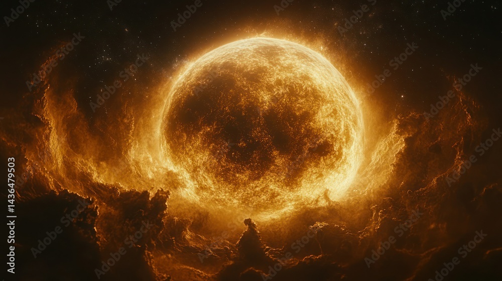 Obraz premium Fiery celestial orb amidst dark clouds