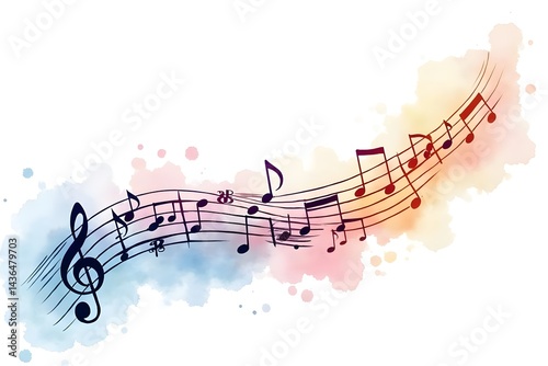 Watercolor Sheet Music with Flowing Notes on Paper, Isolated on White Background
