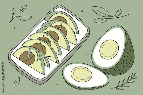 44 Avocado halves, sliced avocado in egg-shaped dish, whole avocados, green background, symmetrical composition, fresh produce, healthy ingredients, food photography, high-resolution, macro details, v