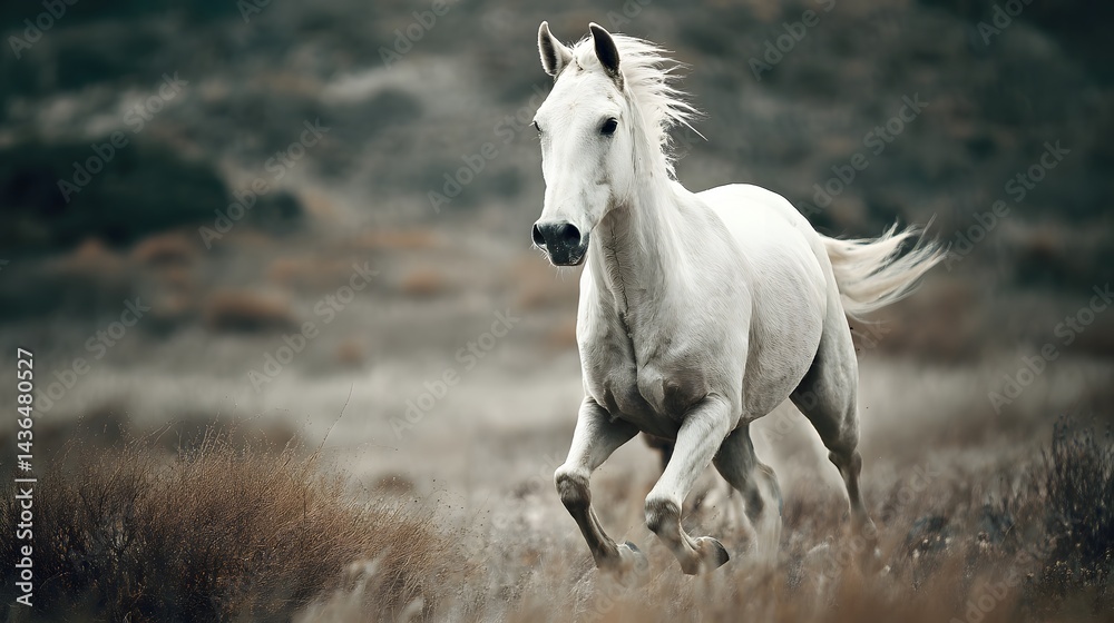 Obraz premium White horse on dark mode with blurred background