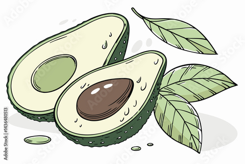 45 Photorealistic avocado halves, vibrant green, cut open, brown pit visible, water droplets, fresh leaves, light background, high detail, food photography, crisp focus, studio lighting, minimalist co