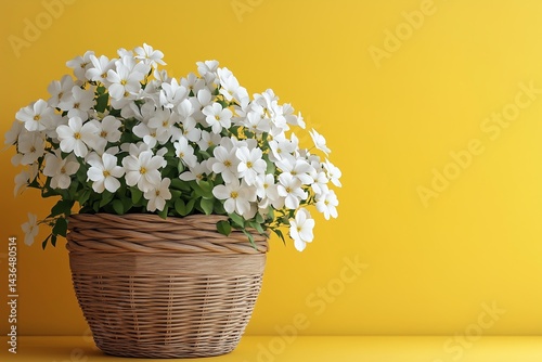 White flowers in wooden basket on yellow spring background 3D Rendering