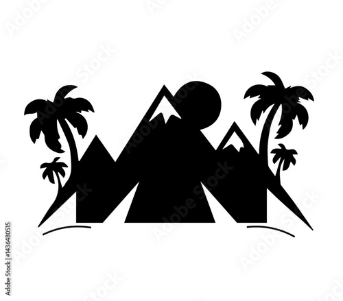 Black silhouette of mountains and fir trees camping landscape panorama illustration icon vector for logo, isolated on white background...