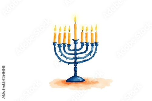 Watercolor Hanukkah Menorah with Lit Candles