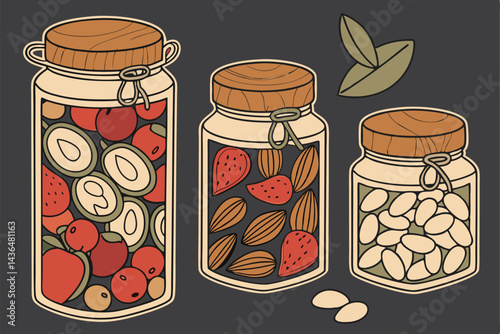 46 Glass jars filled with vibrant nuts and seeds, Colorful assortment of healthy snacks, Artistic food photography, Dark background, High contrast, Macro detail, Rustic wooden lids, Transparent contai