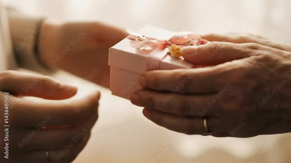 Giving present hands pink gift box ribbon roses love celebration surprise birthday holiday event. Mother's Day is every day.