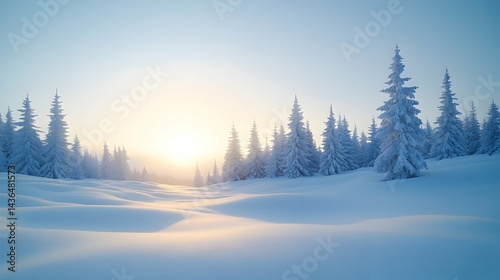 Sunlit winter scene snow-covered evergreens Serene snowy landscape
