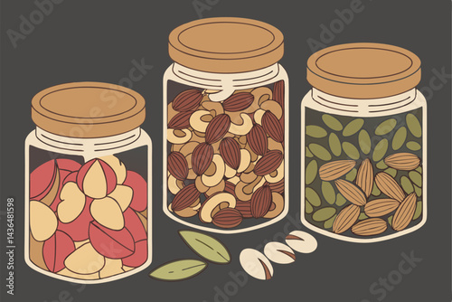 46 Glass jars filled with vibrant nuts and seeds, Colorful assortment of healthy snacks, Artistic food photography, Dark background, High contrast, Macro detail, Rustic wooden lids, Transparent contai