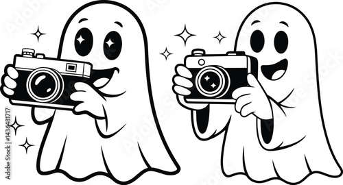 Playful Ghosts with Cameras Line Art Silhouette Vector, Transparent Background.