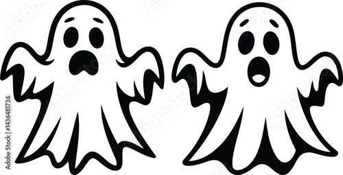 Scared Ghosts Halloween Silhouette Vector, Transparent Background.