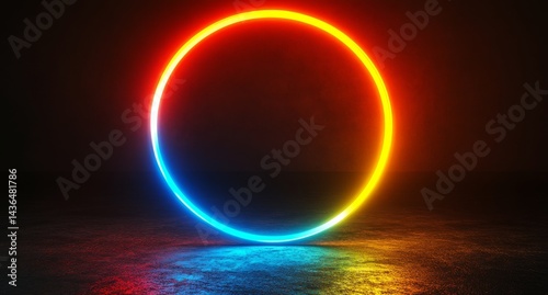 Vibrant blue, purple, and orange hues emanate from illuminated semicircular rings set against a dark backdrop, with neon light reflections forming a modern abstract design