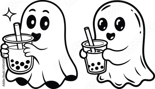Cute Happy Boo Ghosts Enjoying Bubble Tea Line Art Silhouette Vector.