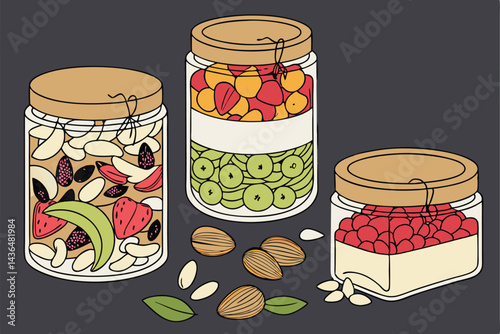 46 Glass jars filled with vibrant nuts and seeds, Colorful assortment of healthy snacks, Artistic food photography, Dark background, High contrast, Macro detail, Rustic wooden lids, Transparent contai