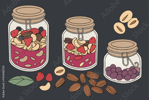 46 Glass jars filled with vibrant nuts and seeds, Colorful assortment of healthy snacks, Artistic food photography, Dark background, High contrast, Macro detail, Rustic wooden lids, Transparent contai