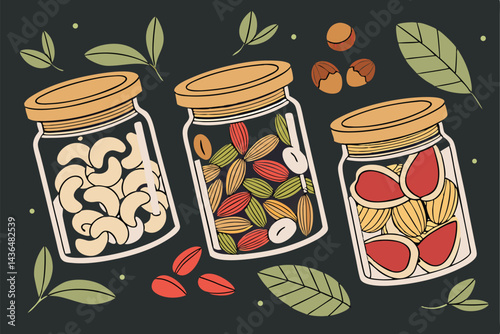 46 Glass jars filled with vibrant nuts and seeds, Colorful assortment of healthy snacks, Artistic food photography, Dark background, High contrast, Macro detail, Rustic wooden lids, Transparent contai