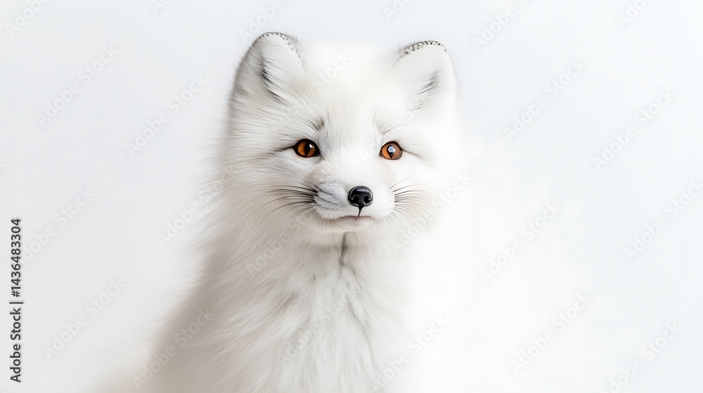Close up portrait of a white arctic fox against a white background Close up portrait of a white arctic fox against a white background
