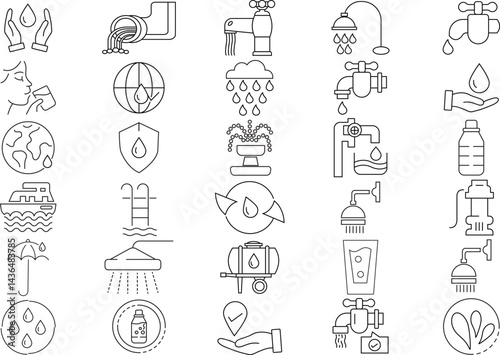 Minimal Water Icons Set – Line Style Drops, Waves, and Raindrop Symbols on White Background