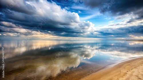 Serene Coastal Scene Dramatic Clouds Reflected in Calm Waters, Sandy Beach at Shoreline