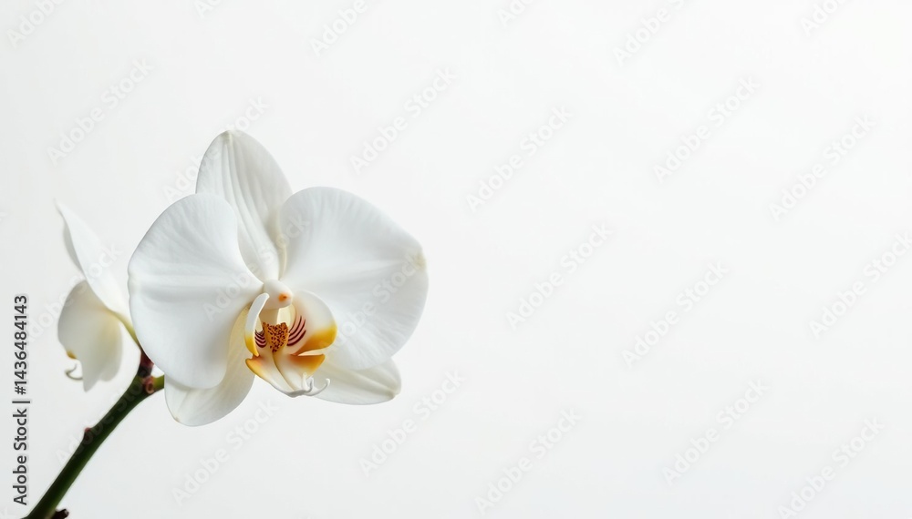Obraz premium Delicate white orchid blossom on pure white backdrop, delicate, white
